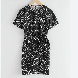 & others stories tie-up mini wrap dress in black polka dot